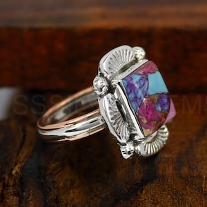 Kingman Pink Dahlia Turquoise Ring Oyster Turquoise Ring Pink Spiny Oyster Sterling Silver Ring Turquoise Ring Christmas Gift Handmade Ring