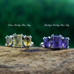 Purple Amethyst Silver Ring, Citrine Silver Ring, 925 Sterling Silver Rectangle Ring, Three Stone Ring, Engagement Ring, Gift for her