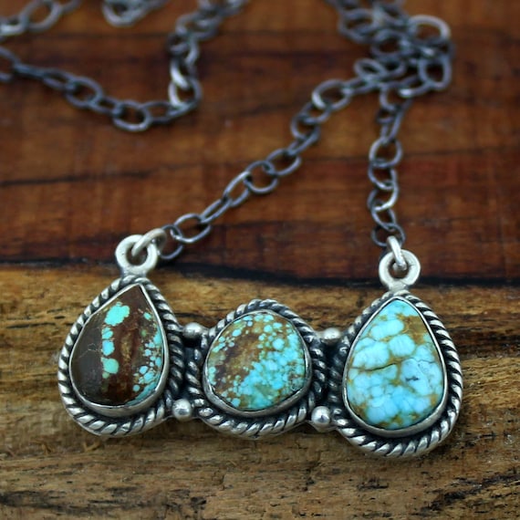 Turquoise Necklace With Chain Cotton Silver Handmade Pendant in