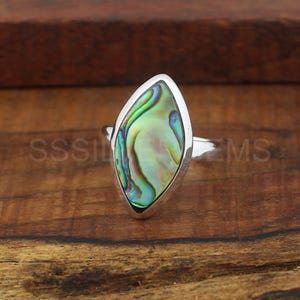 May include: A silver ring featuring an oval abalone shell. The shell has iridescent green, blue, and gold colours. The ring is set against a dark wood grain background.