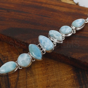 Larimar Silver Bracelet 925 Sterling Silver Blue Larimar Gemstone Jewelry Adjustable Bracelet