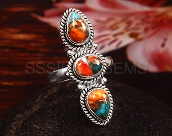 Oyster Copper Turquoise Ring, Spiny Oyster Turquoise Ring, Statement Ring, 3 Stone Ring, Three Band Ring, Floral Ring, Double Stone Ring