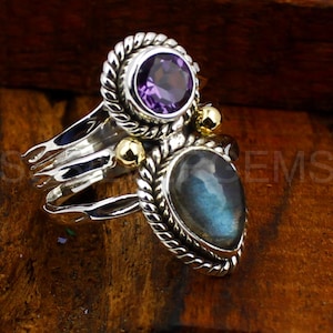 Labradorite & Amethyst Solid 925 Sterling Silver Ring For Women, Gemstone Ring, Handmade Gemstone Band Ring For Wedding Anniversary Gift