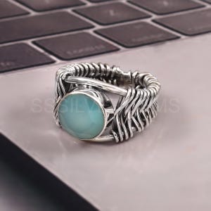 Aqua Chalcedony Ring, 925 Sterling Silver Ring, Chalcedony Silver Wirewraped Ring, Gemstone Ring, Statement Ring, Birthday Gift for her,