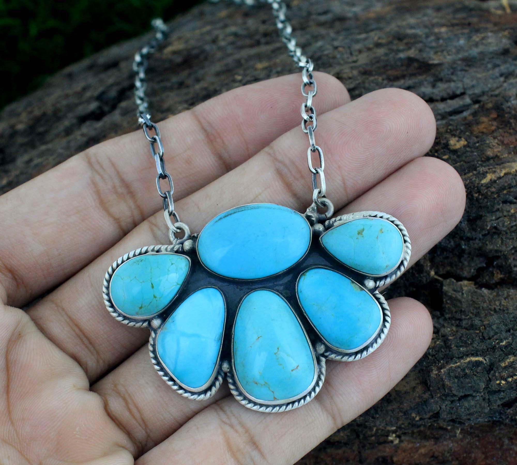 Turquoise Silver Necklace With Chain Made by 925 Sterling Silver 