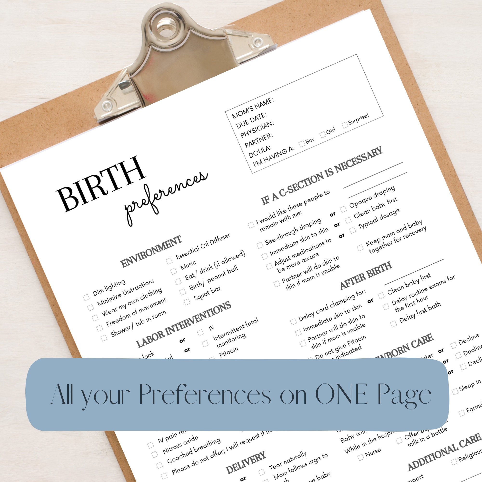 Basic Birth Plan | Printable | Editable with Canva Template | Simple 1 Page Birth Preferences Template for Hospital, Birth Center, and Home