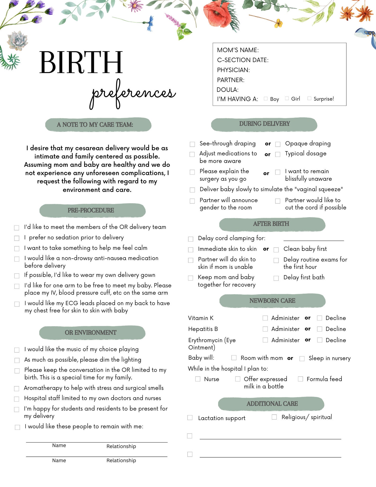 Cesarean Birth Plan Printable Labor and Delivery Checklist Editable Cesarean Birth Plan Printable Labor and Delivery Checklist Editable