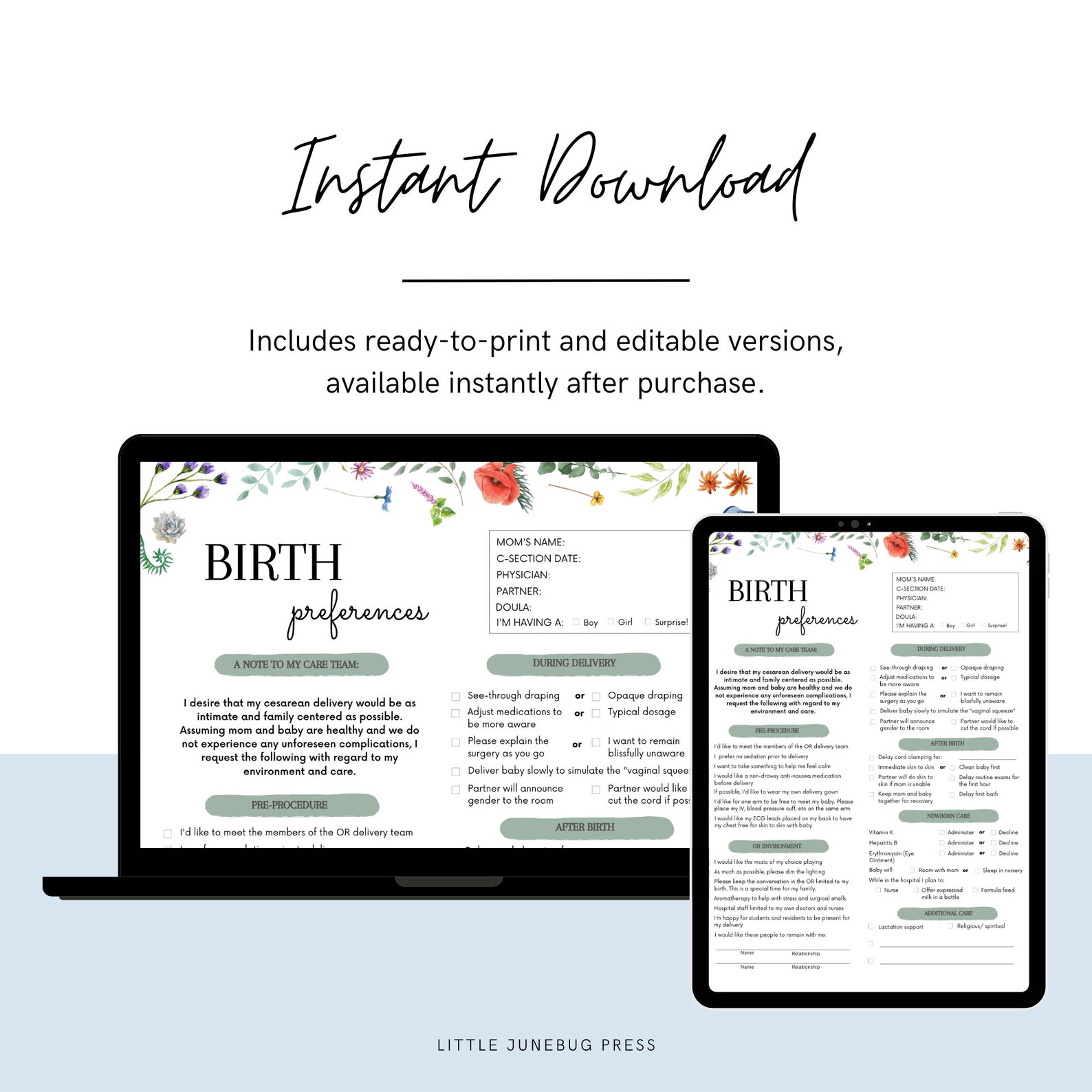 Cesarean Birth Plan Printable Labor and Delivery Checklist Editable
