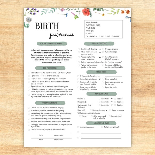 Cesarean Birth Plan | Printable Labor and Delivery Checklist | Editable with Canva Template | Preferences Template for Elective C-Section