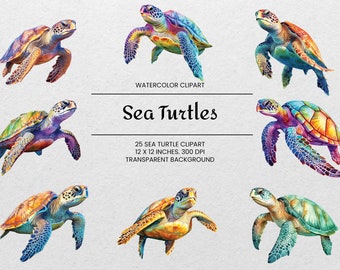 Sea Turtle Clipart - 25 PNGs - Transparent - Watercolor Sea Animals - Digital Download - For Commercial Use -  Sea Turtle Wall Art