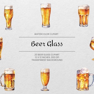 Beer Glass Clipart - 20 PNGs - Transparent - Watercolor - Beer Mug PNG - Clipart Bundle  - Digital Download - For Commercial Use