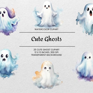 Cute Ghost Clipart - 25 PNGs - Transparent - Watercolor Halloween PNG - Spooky Collage Images - Digital Download - For Commercial Use