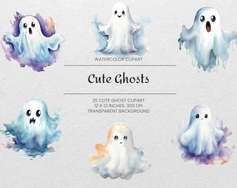 Clipart fantôme mignon - 25 PNG - Transparent - aquarelle Halloween PNG - Collage effrayant Images - téléchargement numérique - pour un usage commercial