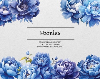 Blue Peonies Clipart - 20 PNGs - Transparent - Watercolor Peonies - Botanical Art - Digital Download - For Commercial Use