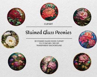 Stained Glass Peonies Clipart - 30 PNGs - Transparent Background - Stained Glass Floral Clipart - Digital Art - For Commercial Use