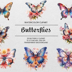 Butterflies Clipart - 30 PNGs - Transparent - Watercolor Floral Butterflies - Digital Download - For Commercial Use -  Digital Clipart