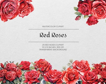 Red Roses Clipart - 25 PNGs - Transparent - Watercolor Roses - Botanical Art - Digital Download - For Commercial Use