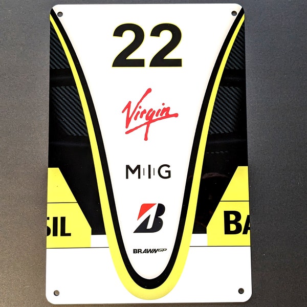 Metal Automotive Wall Sign Brawn GP Formula One Jenson Button Number 22. Racing Car Motorsport Enthusiast Decor, Man Cave, Garage, Bar, F1