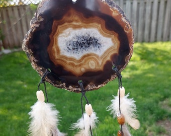 Black/Brown Agate and Feather Suncatcher