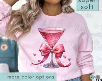 Coquette Valentine Sweatshirt, Martini Ribbon Bow Valentine's Day Shirt, Coquette Sweater, Gift For Her, Cherry Martini Coquette Bow T-Shirt