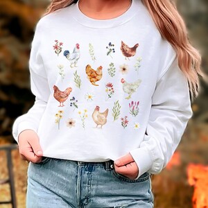 Chicken Sweatshirt, Chicken Lady Gift, Western Watercolor Chicken Tshirt, Farm Girl Gift, Country Chicken Wildflower Sweater long sleeve crewneck pullover sweater. Christmas gift for Farmers, birthday present gardeners, harvest time or farm life