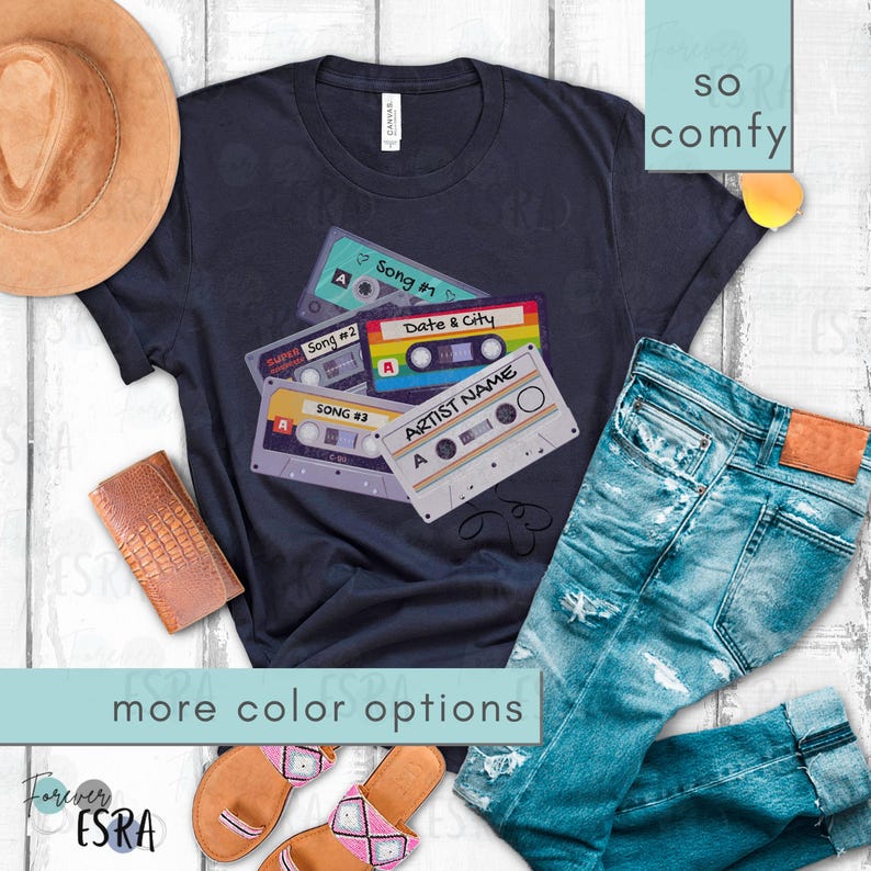 Customizable Concert short sleeve crewneck Tshirt t-shirt tee shirt. Vintage Cassette Tape Tee Shirt For Concerts, Music Fan Gift, Country Music Gifts, Personalized 80's Inspired Tshirt. Customize with artist name, three favorite songs, date and city