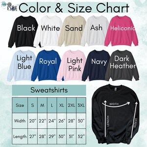 May include: Colour and size chart for sweatshirts in various colours, including black, white, sand, ash, heliconic, light blue, royal, light pink, navy, and dark heather. The chart shows the width and length measurements in inches for sizes S, M, L, XL, 2XL, and 3XL.