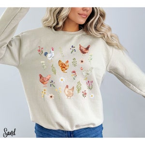 Chicken Sweatshirt, Chicken Lady Gift, Western Watercolor Chicken Tshirt, Farm Girl Gift, Country Chicken Wildflower Sweater long sleeve crewneck pullover sweater. Christmas gift for Farmers, birthday present gardeners, harvest time or farm life