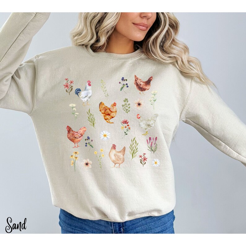 Chicken Sweatshirt, Chicken Lady Gift, Western Watercolor Chicken Tshirt, Farm Girl Gift, Country Chicken Wildflower Sweater long sleeve crewneck pullover sweater. Christmas gift for Farmers, birthday present gardeners, harvest time or farm life