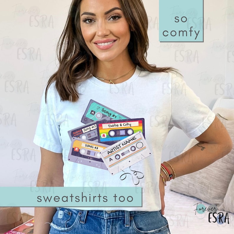 Customizable Concert short sleeve crewneck Tshirt t-shirt tee shirt. Vintage Cassette Tape Tee Shirt For Concerts, Music Fan Gift, Country Music Gifts, Personalized 80's Inspired Tshirt. Customize with artist name, three favorite songs, date and city
