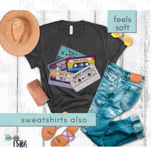 Customizable Concert short sleeve crewneck Tshirt t-shirt tee shirt. Vintage Cassette Tape Tee Shirt For Concerts, Music Fan Gift, Country Music Gifts, Personalized 80's Inspired Tshirt. Customize with artist name, three favorite songs, date and city