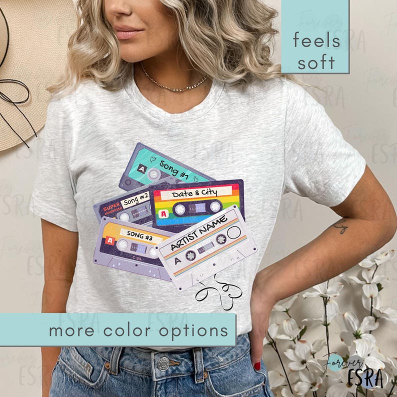 Customizable Concert short sleeve crewneck Tshirt t-shirt tee shirt. Vintage Cassette Tape Tee Shirt For Concerts, Music Fan Gift, Country Music Gifts, Personalized 80's Inspired Tshirt. Customize with artist name, three favorite songs, date and city