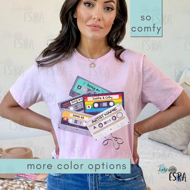 Customizable Concert short sleeve crewneck Tshirt t-shirt tee shirt. Vintage Cassette Tape Tee Shirt For Concerts, Music Fan Gift, Country Music Gifts, Personalized 80's Inspired Tshirt. Customize with artist name, three favorite songs, date and city