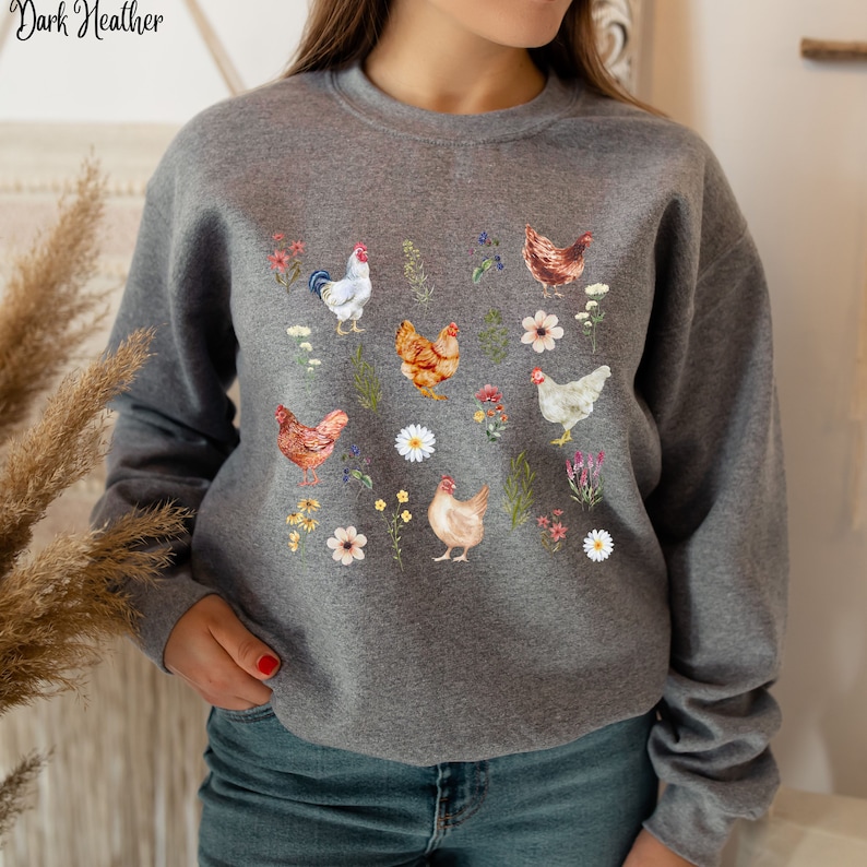 Chicken Sweatshirt, Chicken Lady Gift, Western Watercolor Chicken Tshirt, Farm Girl Gift, Country Chicken Wildflower Sweater long sleeve crewneck pullover sweater. Christmas gift for Farmers, birthday present gardeners, harvest time or farm life