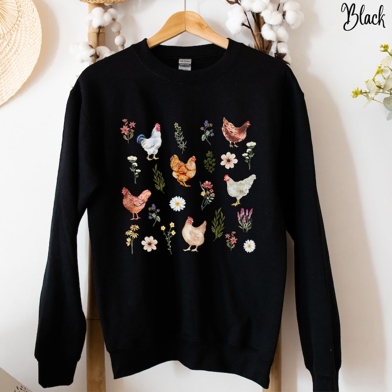 Chicken Sweatshirt, Chicken Lady Gift, Western Watercolor Chicken Tshirt, Farm Girl Gift, Country Chicken Wildflower Sweater long sleeve crewneck pullover sweater. Christmas gift for Farmers, birthday present gardeners, harvest time or farm life