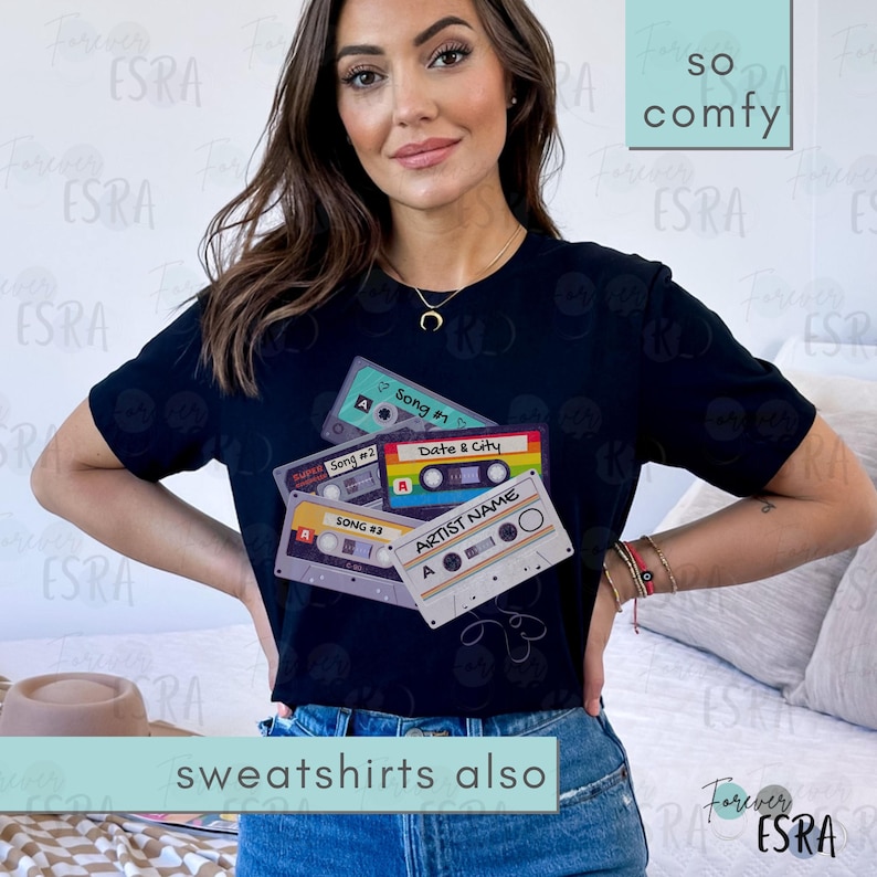Customizable Concert short sleeve crewneck Tshirt t-shirt tee shirt. Vintage Cassette Tape Tee Shirt For Concerts, Music Fan Gift, Country Music Gifts, Personalized 80's Inspired Tshirt. Customize with artist name, three favorite songs, date and city