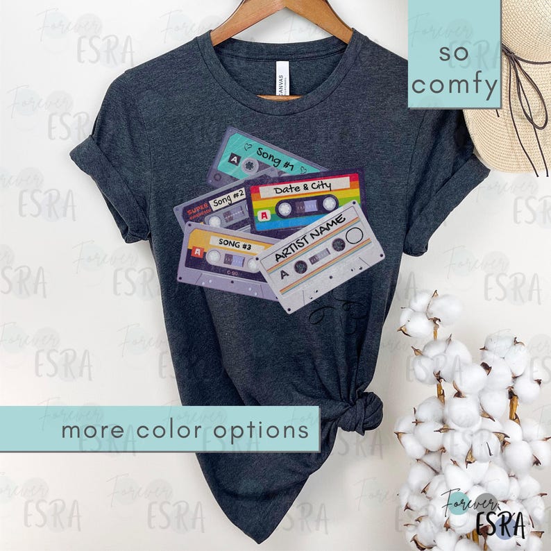 Customizable Concert short sleeve crewneck Tshirt t-shirt tee shirt. Vintage Cassette Tape Tee Shirt For Concerts, Music Fan Gift, Country Music Gifts, Personalized 80's Inspired Tshirt. Customize with artist name, three favorite songs, date and city
