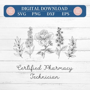 Peut inclure: Illustration en noir et blanc de fleurs et de feuilles avec le texte "Certified Pharmacy Technician".