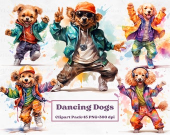 Watercolor Dancing Dogs Clipart - cute grooving animals dressed in clothes, humanized, vibrant street hip-hop | PNG download, commercial use