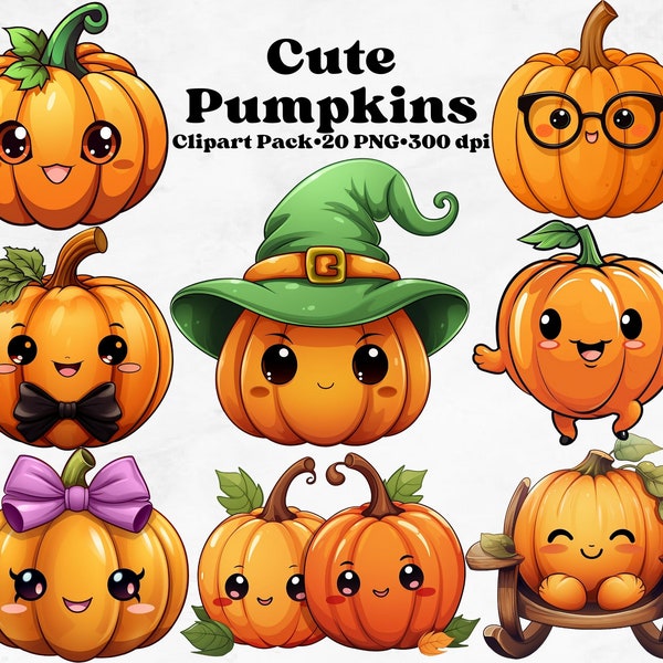 Cute Pumpkins Anime Style Clipart - orange, kawaii, Halloween, cartoon face, dancing, witch hat, humanized | PNG download, commercial use