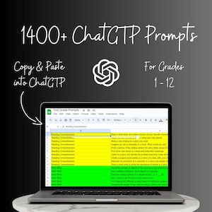 Könnte beinhalten: Ein Laptop-Computer zeigt eine Tabellenkalkulation mit dem Titel "Erste Klassen-Aufforderungen". Die Tabellenkalkulation enthält eine Liste von Aufforderungen für Erstklässler, kategorisiert nach Fach, wie z. B. Leseverstehen und mathematische Fähigkeiten.