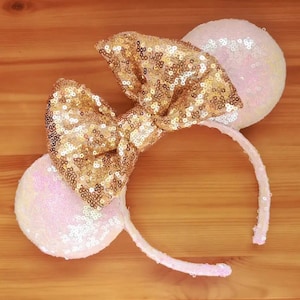 Disney Minnie Mouse Ears Inspired Headband - Iridescent White Sequin - Princess Gold Bow, Wedding, Gift
