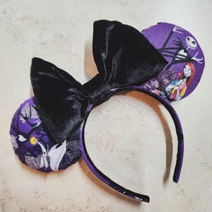 Disney Minnie Mouse Ears Inspired Headband - Jack Skellington Skeleton Sally Nightmare Black Velvet Bow - Holiday Halloween Christmas
