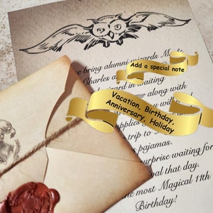 May include: A vintage-style scroll with a wax seal and a golden ribbon. The scroll has text that says "Add a special note" and "Vacation, Birthday, Anniversary, Holiday".