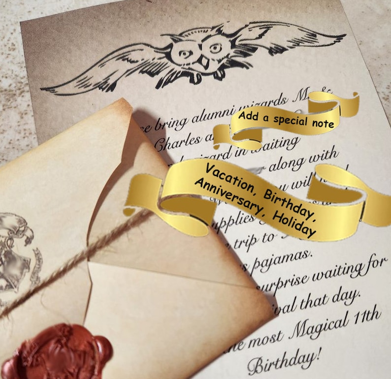 May include: A vintage-style scroll with a wax seal and a golden ribbon. The scroll has text that says "Add a special note" and "Vacation, Birthday, Anniversary, Holiday".