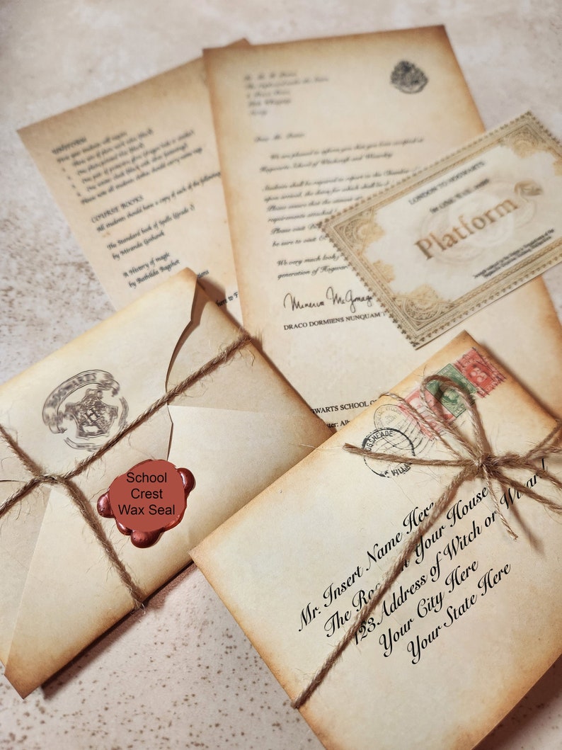 May include: A set of Hogwarts acceptance letters, including a wax-sealed envelope with a school crest, a letter from Minerva McGonagall, and a train ticket to Platform 9 3/4. The letters are on aged parchment paper with a vintage aesthetic.