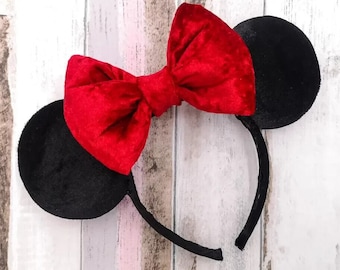 Disney Minnie Mouse Ears Inspired Headband - Luxury Black Velvet Red Bow - Holiday Halloween