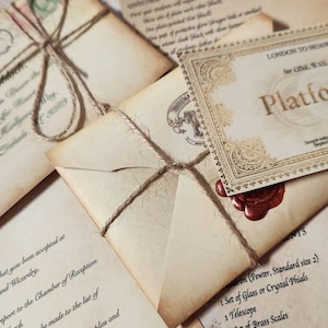 May include: A Hogwarts acceptance letter with a wax seal, a parchment envelope tied with twine, and a train ticket for Platform 9 3/4. The ticket is for a one-way trip to Hogwart's School of Witchcraft and Wizardry.