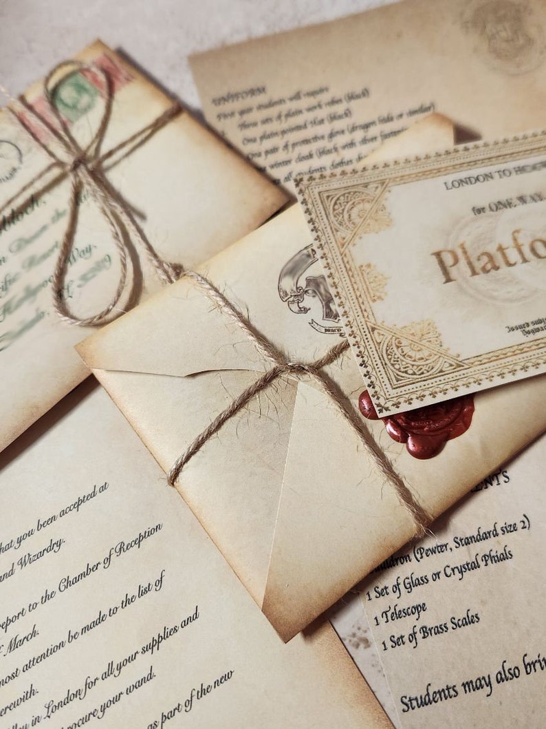 May include: A Hogwarts acceptance letter with a wax seal, a parchment envelope tied with twine, and a train ticket for Platform 9 3/4. The ticket is for a one-way trip to Hogwart's School of Witchcraft and Wizardry.