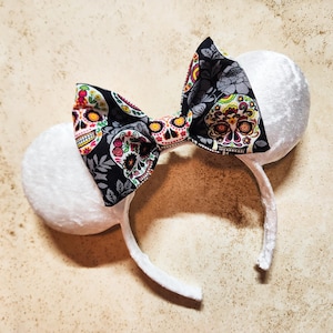 Disney Minnie Mouse Ears Inspired Headband - Luxury White Velvet Sugar Skull Skeleton Bow Coco - Holiday Halloween